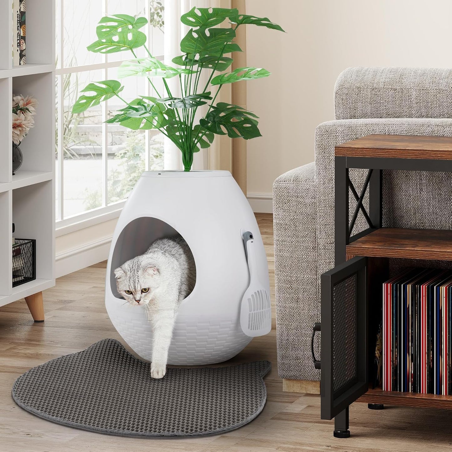Eggloa6 Plant Litter Box, Hidden Cat Litter Box Enclosure, Odor Removal System, Replaceable Scratching Board, Scoop, Cat House with Cushion ＆ Heating Pad, Artificial Plants (Black)