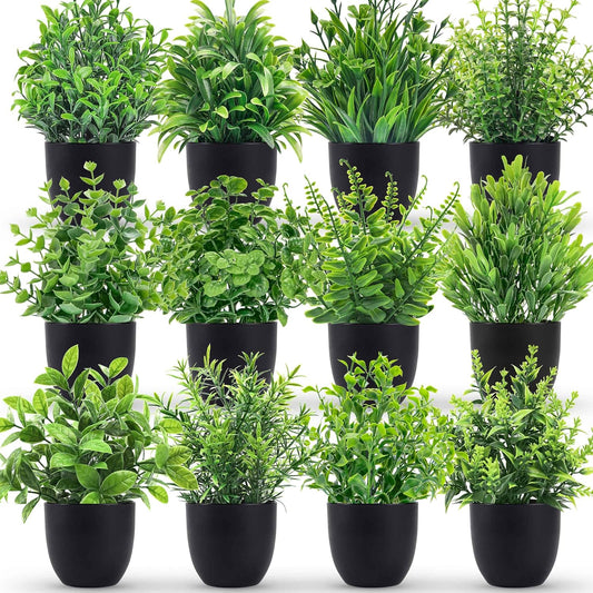 4 Pack Small Fake Plants in Black Pots, Bathroom Office Decor | No-watering artificial plants, gothic black pot style, for shelf desk office kitchen table and Halloween fall home decor