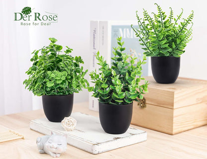4 Pack Small Fake Plants in Black Pots, Bathroom Office Decor | No-watering artificial plants, gothic black pot style, for shelf desk office kitchen table and Halloween fall home decor