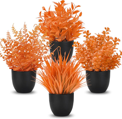 4 Pack Small Fake Plants in Black Pots, Bathroom Office Decor | No-watering artificial plants, gothic black pot style, for shelf desk office kitchen table and Halloween fall home decor