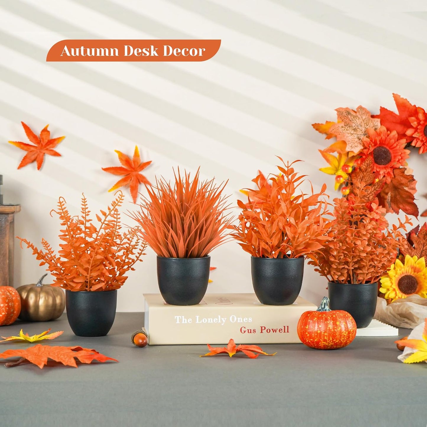 4 Pack Small Fake Plants in Black Pots, Bathroom Office Decor | No-watering artificial plants, gothic black pot style, for shelf desk office kitchen table and Halloween fall home decor