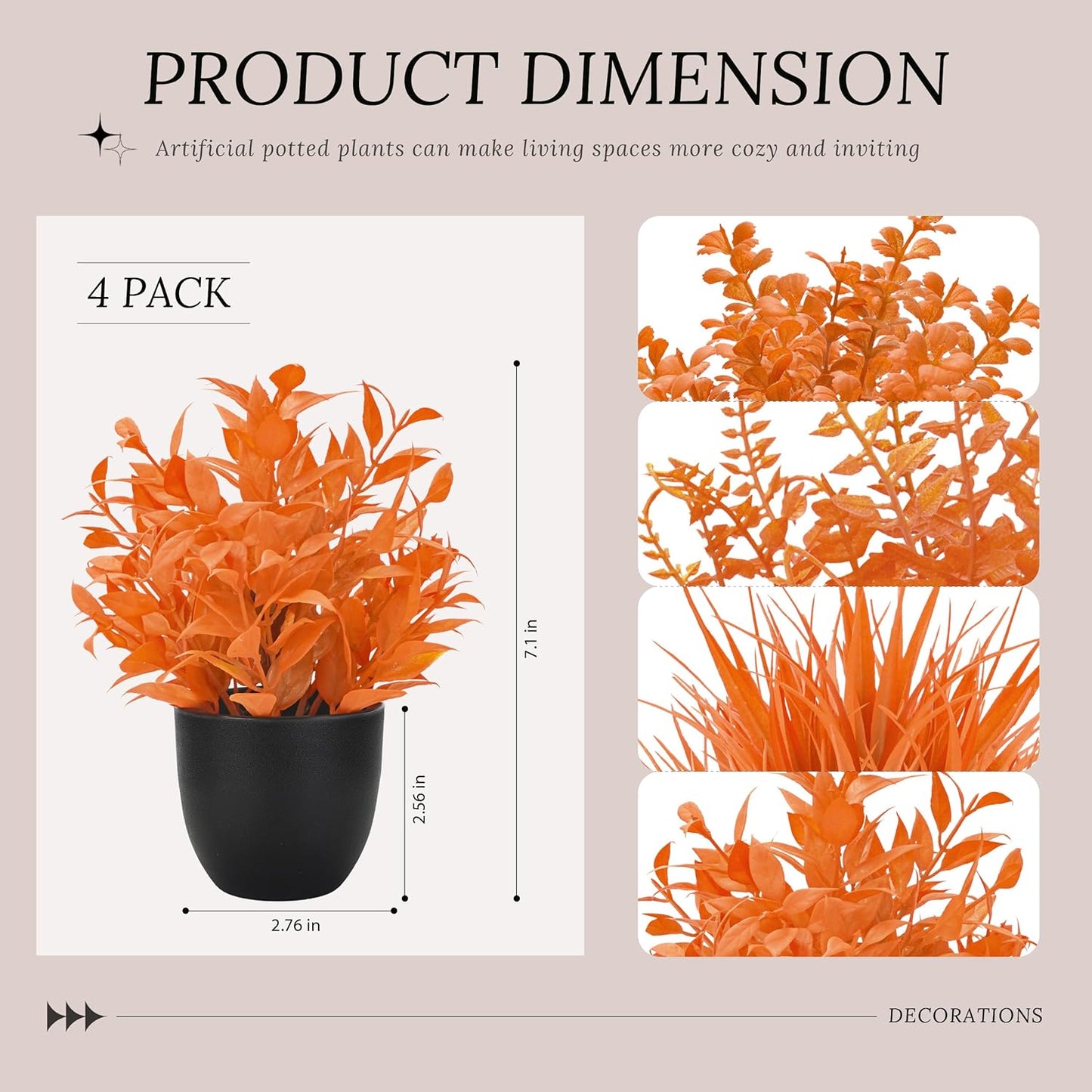 4 Pack Small Fake Plants in Black Pots, Bathroom Office Decor | No-watering artificial plants, gothic black pot style, for shelf desk office kitchen table and Halloween fall home decor