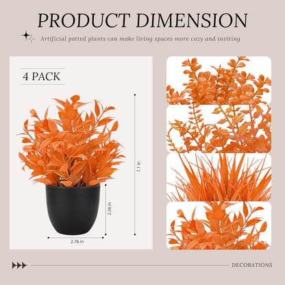 4 Pack Small Fake Plants in Black Pots, Bathroom Office Decor | No-watering artificial plants, gothic black pot style, for shelf desk office kitchen table and Halloween fall home decor