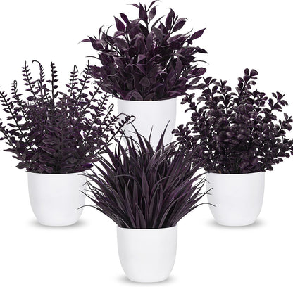 4 Pack Small Fake Plants in Black Pots, Bathroom Office Decor | No-watering artificial plants, gothic black pot style, for shelf desk office kitchen table and Halloween fall home decor