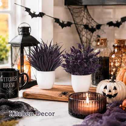 4 Pack Small Fake Plants in Black Pots, Bathroom Office Decor | No-watering artificial plants, gothic black pot style, for shelf desk office kitchen table and Halloween fall home decor