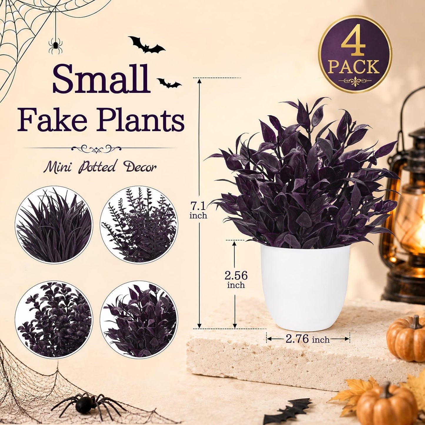 4 Pack Small Fake Plants in Black Pots, Bathroom Office Decor | No-watering artificial plants, gothic black pot style, for shelf desk office kitchen table and Halloween fall home decor