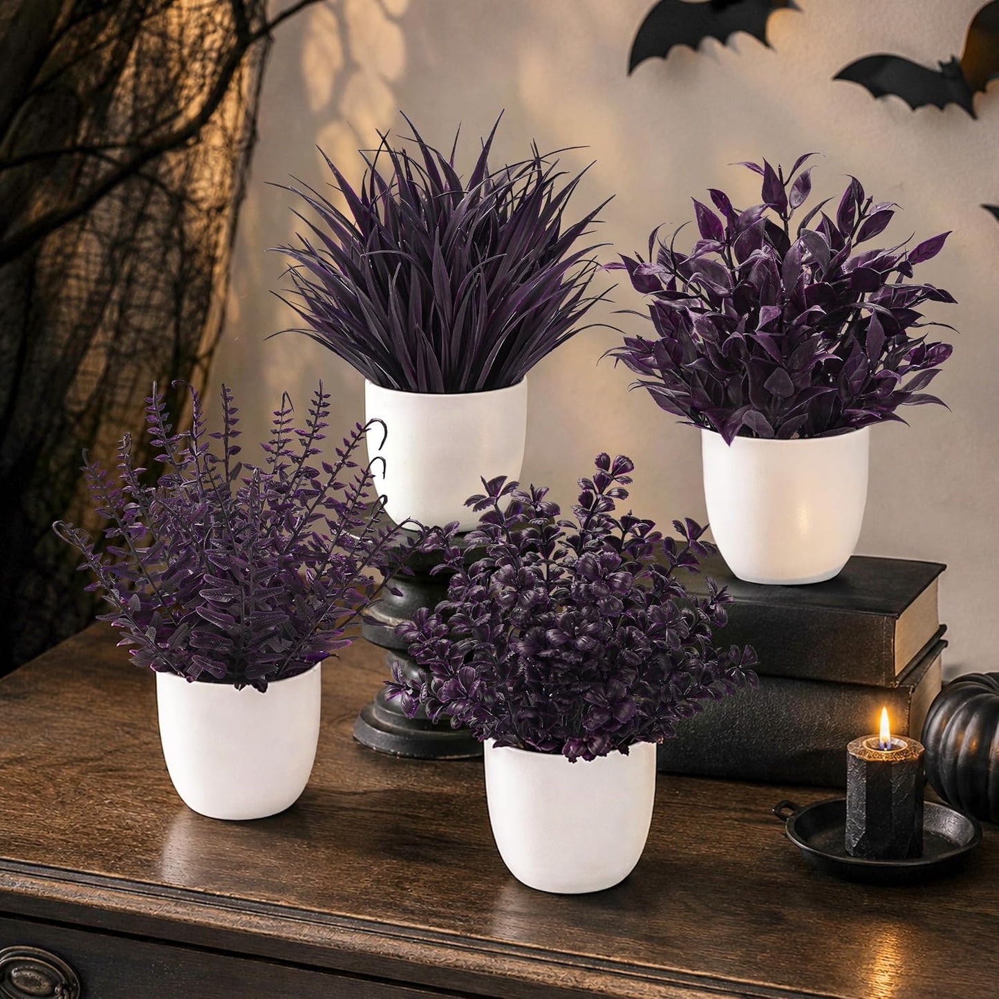 4 Pack Small Fake Plants in Black Pots, Bathroom Office Decor | No-watering artificial plants, gothic black pot style, for shelf desk office kitchen table and Halloween fall home decor