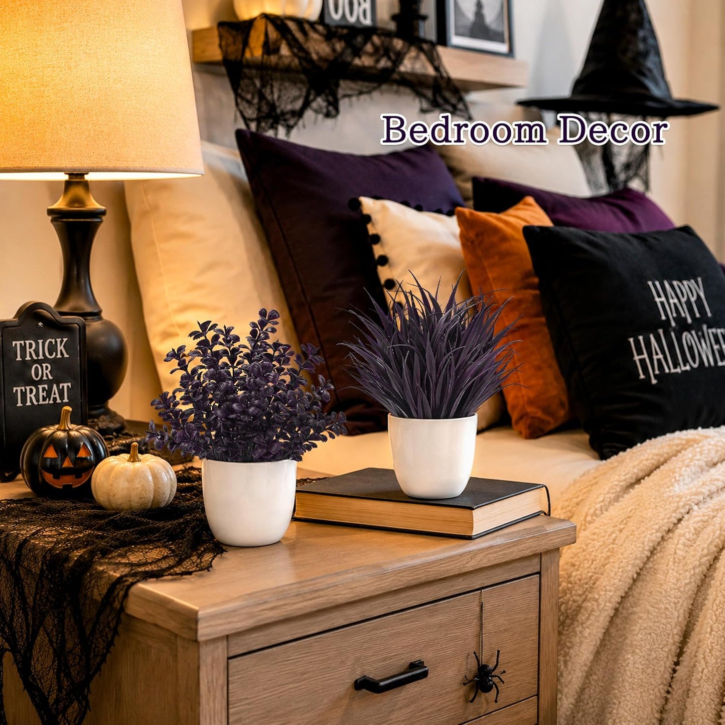 4 Pack Small Fake Plants in Black Pots, Bathroom Office Decor | No-watering artificial plants, gothic black pot style, for shelf desk office kitchen table and Halloween fall home decor