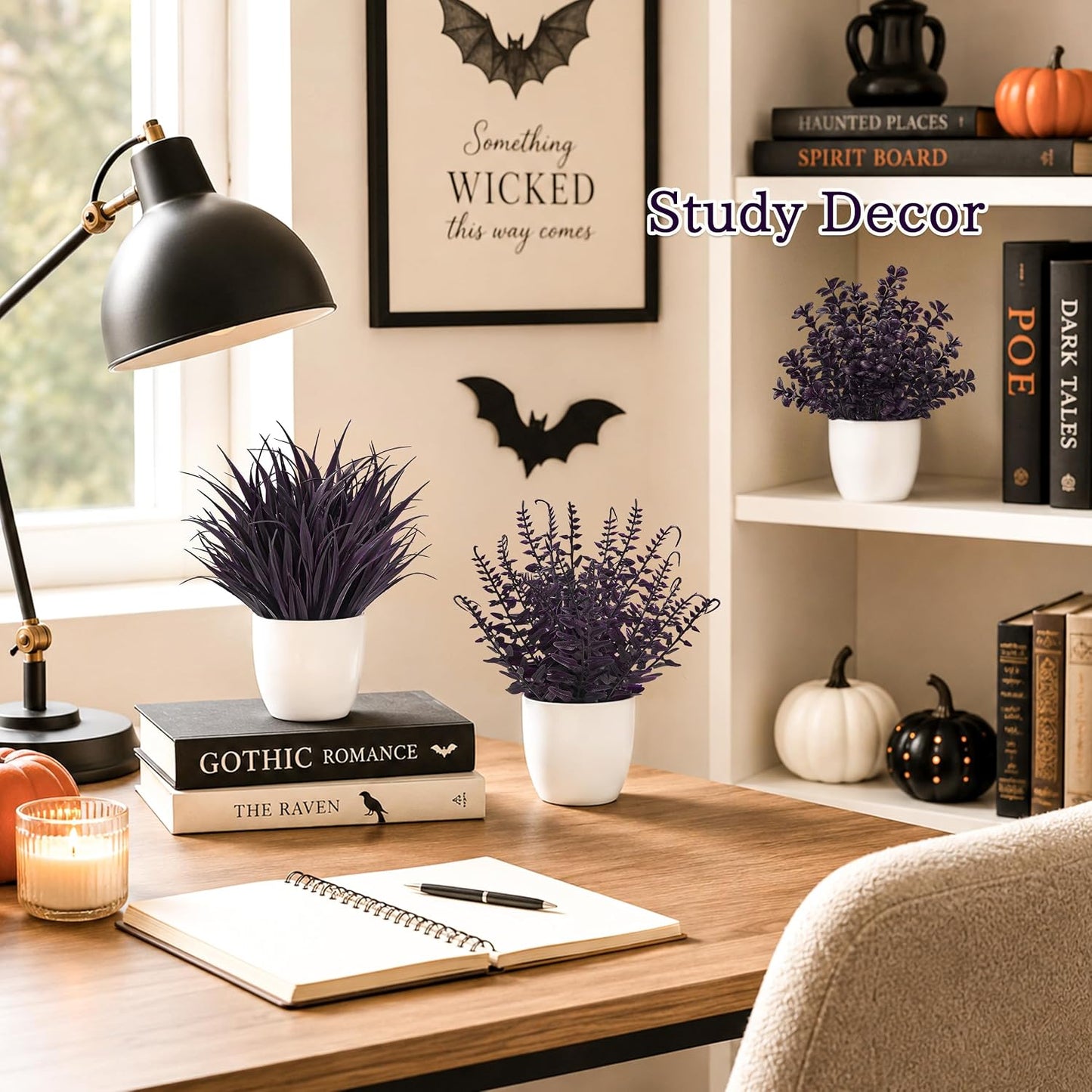 4 Pack Small Fake Plants in Black Pots, Bathroom Office Decor | No-watering artificial plants, gothic black pot style, for shelf desk office kitchen table and Halloween fall home decor