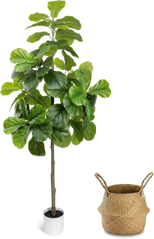 5.5FT Artificial Fiddle Leaf Fig Tree Faux Indoor | Large Tall Fake Trees with White Planter, Ficus Lyrata Floor Plants for Home Decor Office Living Room Housewarming