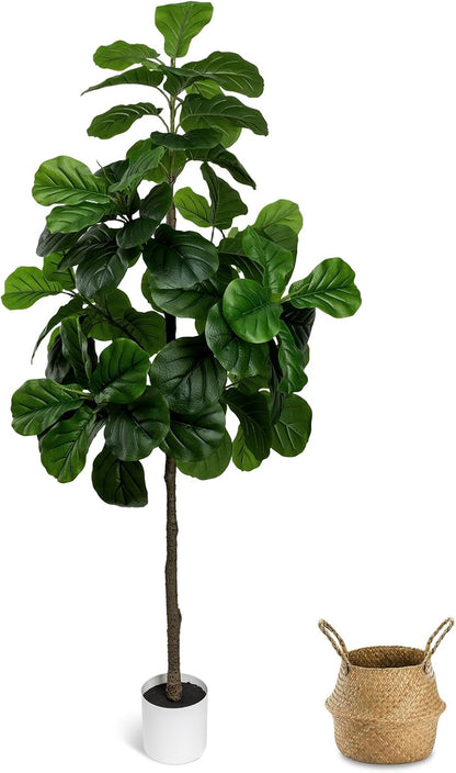5.5FT Artificial Fiddle Leaf Fig Tree Faux Indoor | Large Tall Fake Trees with White Planter, Ficus Lyrata Floor Plants for Home Decor Office Living Room Housewarming