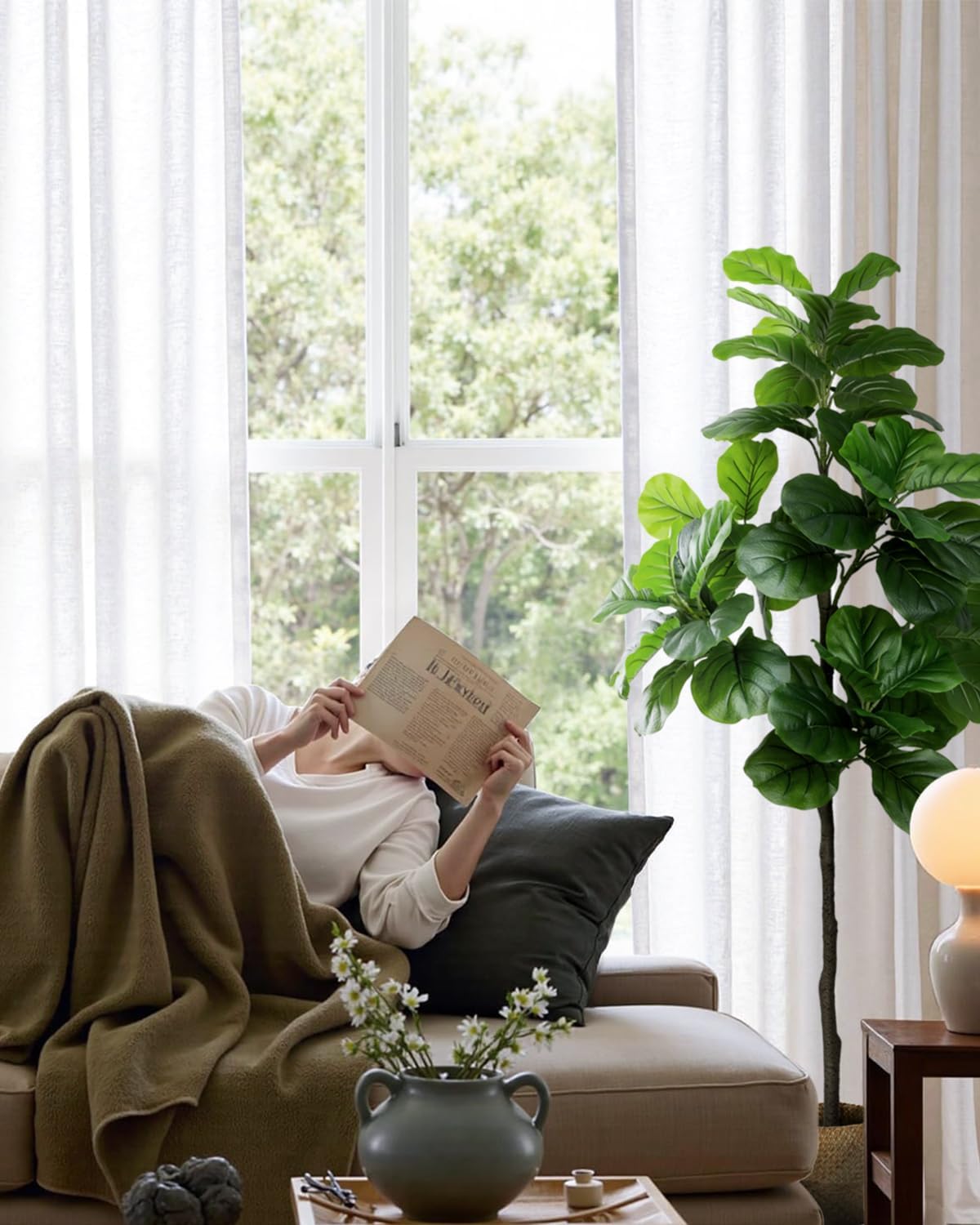 5.5FT Artificial Fiddle Leaf Fig Tree Faux Indoor | Large Tall Fake Trees with White Planter, Ficus Lyrata Floor Plants for Home Decor Office Living Room Housewarming
