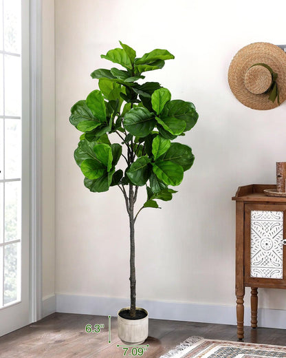 5.5FT Artificial Fiddle Leaf Fig Tree Faux Indoor | Large Tall Fake Trees with White Planter, Ficus Lyrata Floor Plants for Home Decor Office Living Room Housewarming