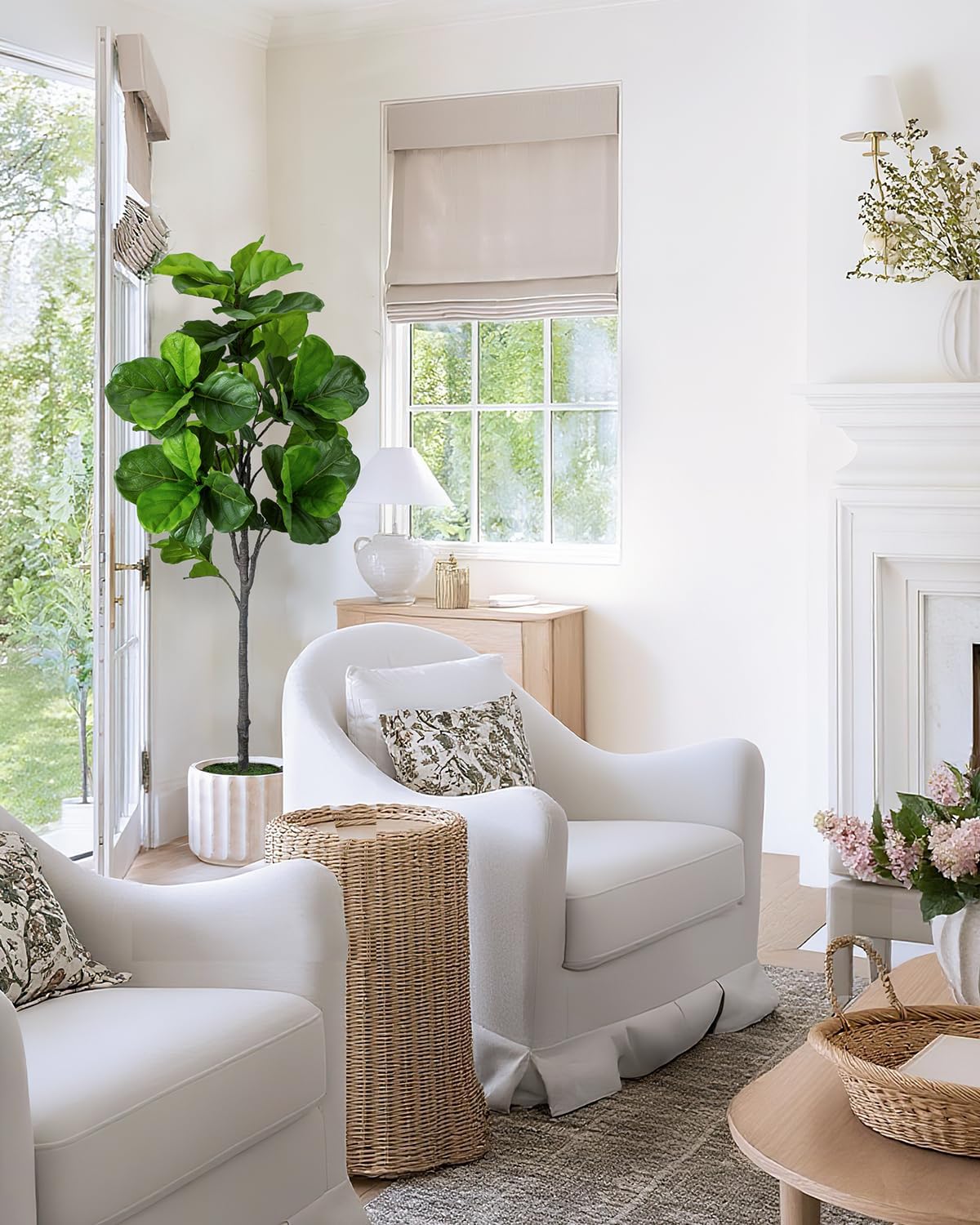 5.5FT Artificial Fiddle Leaf Fig Tree Faux Indoor | Large Tall Fake Trees with White Planter, Ficus Lyrata Floor Plants for Home Decor Office Living Room Housewarming