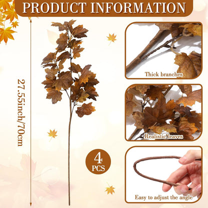 4 Pcs Artificial Maple Leaves Branches 27.6 Inch Fall Fake Leaves Stems Burnt Orange Silk Dry Autumn Leaf Bushes for Thanksgiving Autumn Fall Home Vase Decor Table Centerpieces