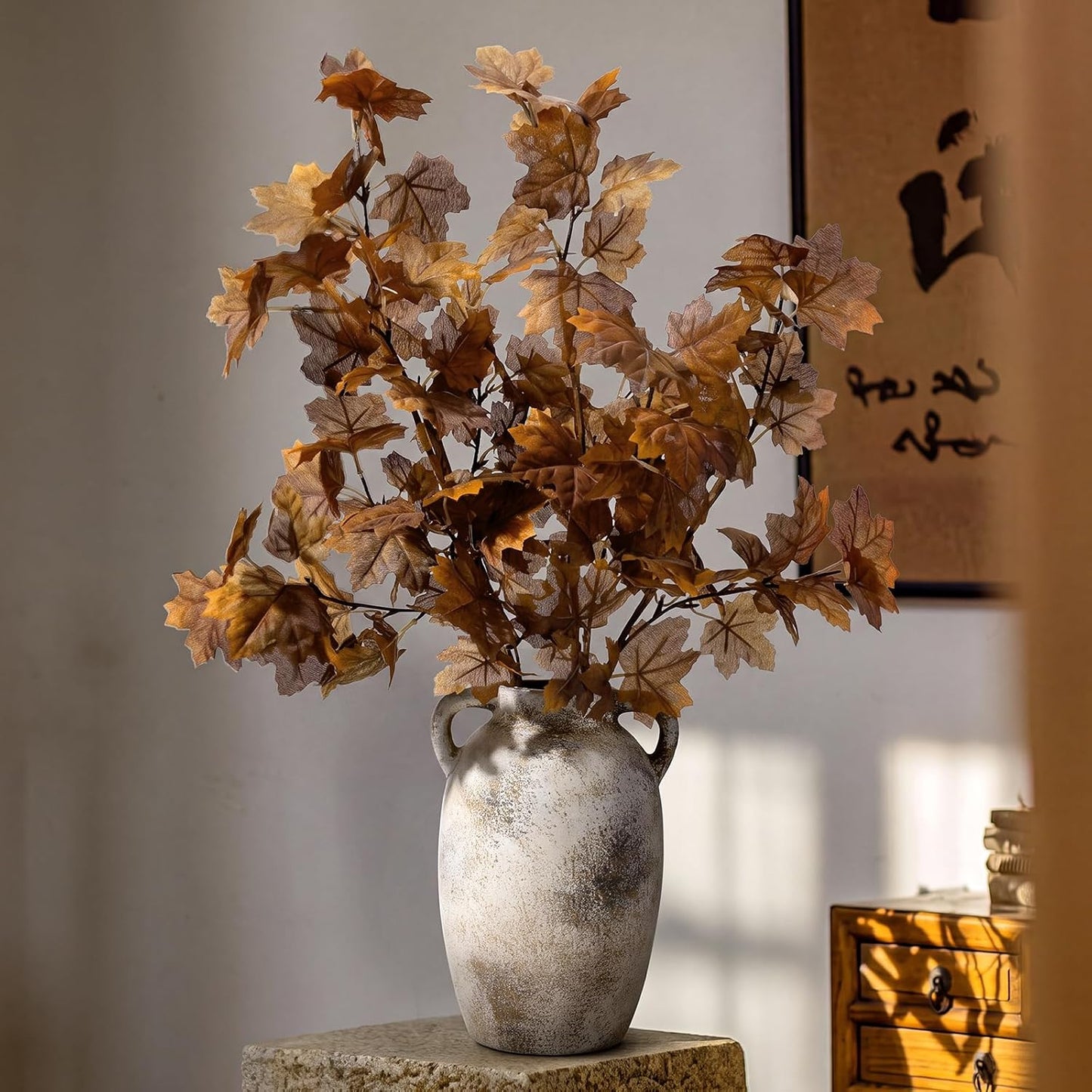 4 Pcs Artificial Maple Leaves Branches 27.6 Inch Fall Fake Leaves Stems Burnt Orange Silk Dry Autumn Leaf Bushes for Thanksgiving Autumn Fall Home Vase Decor Table Centerpieces