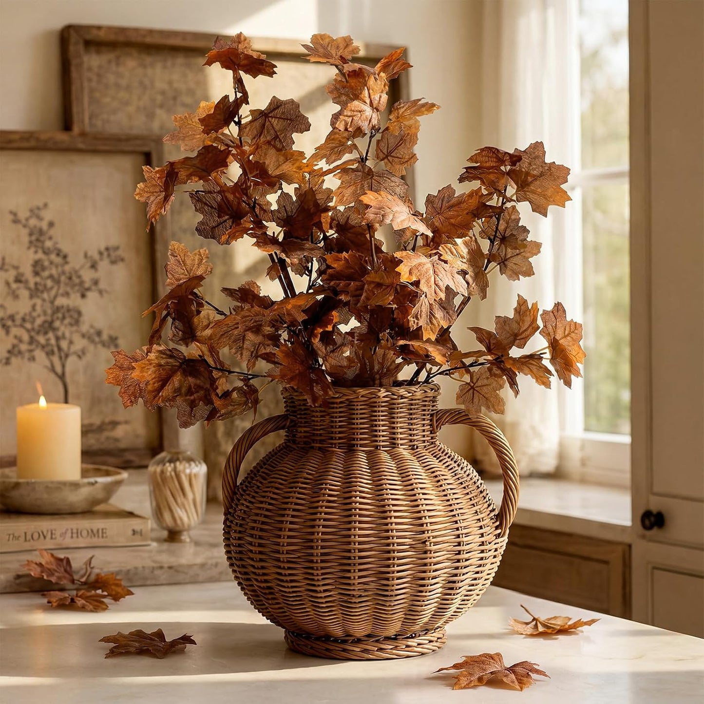 4 Pcs Artificial Maple Leaves Branches 27.6 Inch Fall Fake Leaves Stems Burnt Orange Silk Dry Autumn Leaf Bushes for Thanksgiving Autumn Fall Home Vase Decor Table Centerpieces