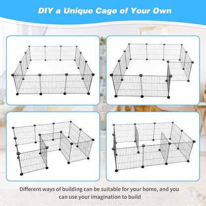 Pet Playpen with Mat, Small Animal Cage with Mat, Guinea Pig Cages, Puppy Pen for Indoors with Colorful Mat, 12 Panels Interior Metal Wire Yard Fence