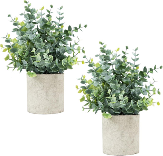 2 Pcs Small Fake Plants Eucalyptus, Artificial Plants Indoor for Shelf, Potted Eucalyptus Plants for Home/Bathroom/Pottery Barn/Desk/Farmhouse/Coffee Table Decor (Sage Green)