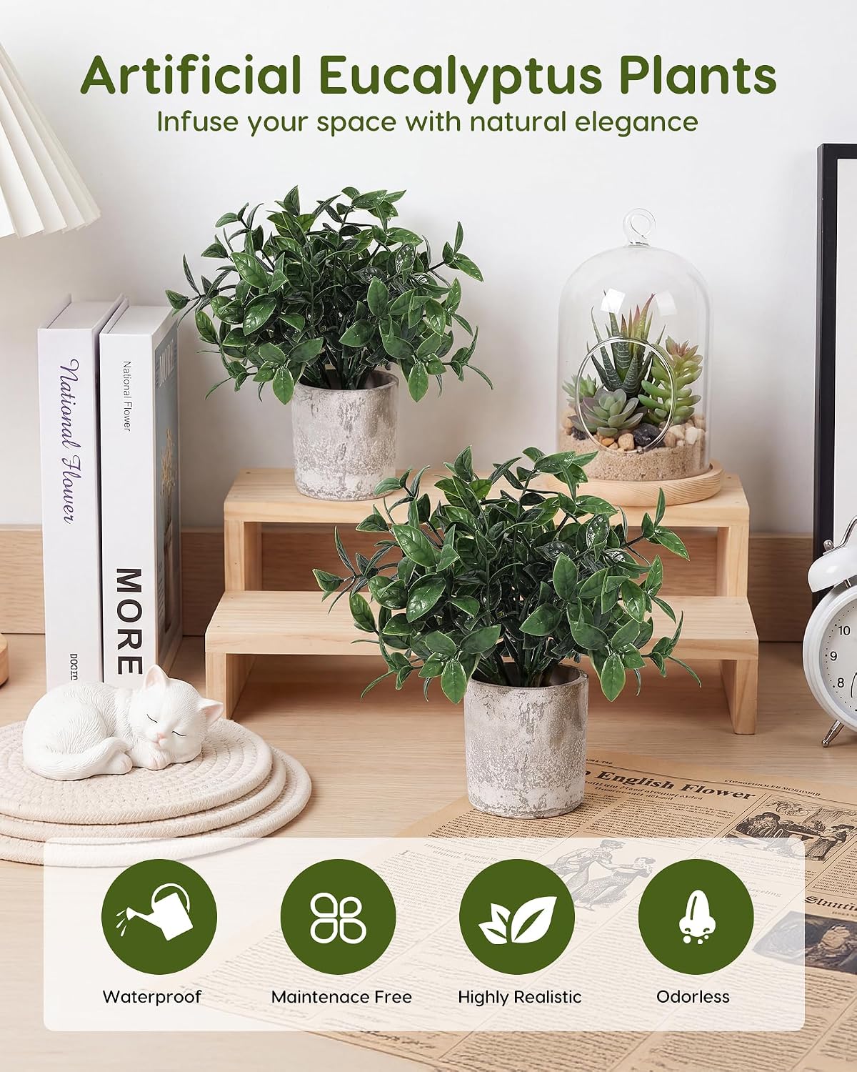 2 Pcs Small Fake Plants Eucalyptus, Artificial Plants Indoor for Shelf, Potted Eucalyptus Plants for Home/Bathroom/Pottery Barn/Desk/Farmhouse/Coffee Table Decor (Sage Green)