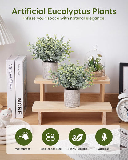2 Pcs Small Fake Plants Eucalyptus, Artificial Plants Indoor for Shelf, Potted Eucalyptus Plants for Home/Bathroom/Pottery Barn/Desk/Farmhouse/Coffee Table Decor (Sage Green)
