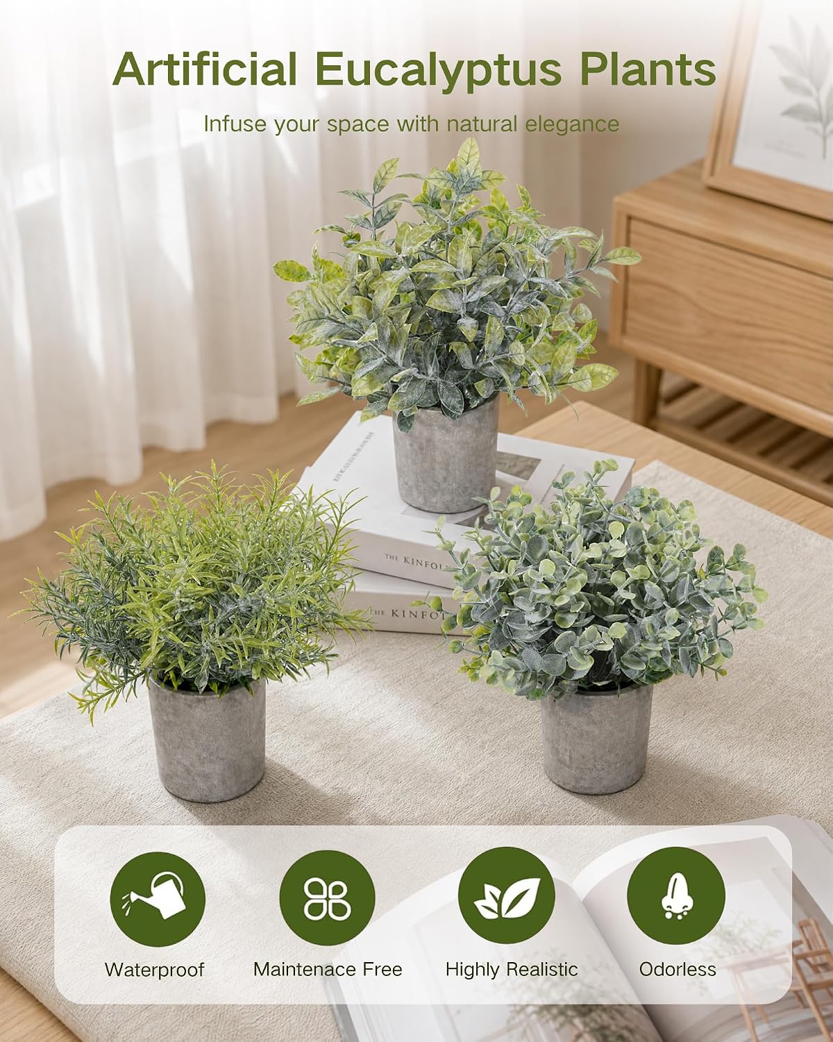 2 Pcs Small Fake Plants Eucalyptus, Artificial Plants Indoor for Shelf, Potted Eucalyptus Plants for Home/Bathroom/Pottery Barn/Desk/Farmhouse/Coffee Table Decor (Sage Green)