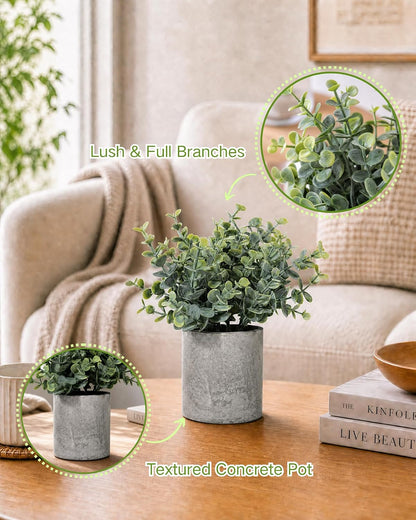 2 Pcs Small Fake Plants Eucalyptus, Artificial Plants Indoor for Shelf, Potted Eucalyptus Plants for Home/Bathroom/Pottery Barn/Desk/Farmhouse/Coffee Table Decor (Sage Green)