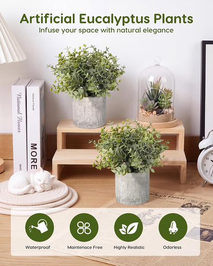 2 Pcs Small Fake Plants Eucalyptus, Artificial Plants Indoor for Shelf, Potted Eucalyptus Plants for Home/Bathroom/Pottery Barn/Desk/Farmhouse/Coffee Table Decor (Sage Green)