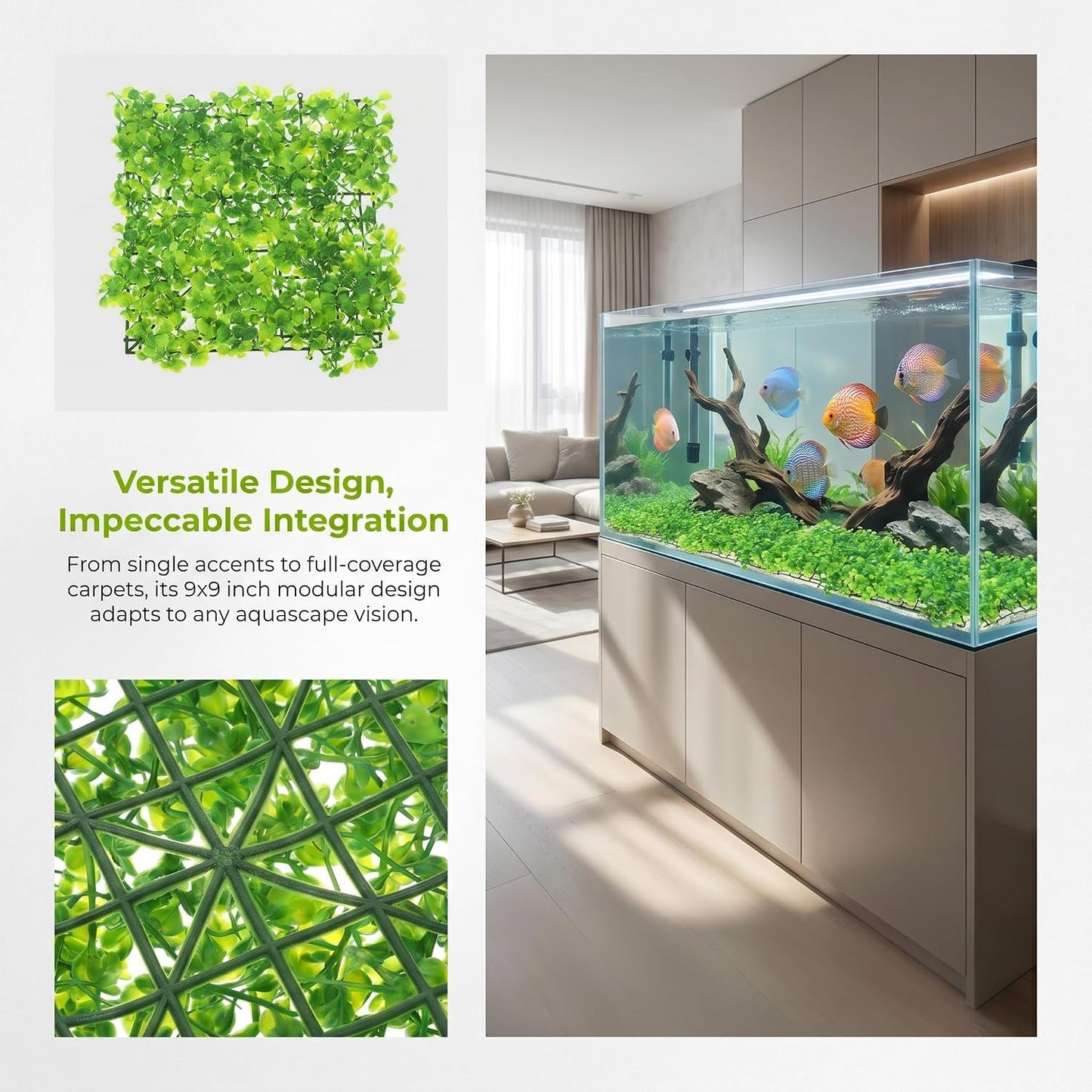 Artificial Aquarium Grass Mat Realistic Plastic Aquarium Plants for Fish Tank Underwater Lawn Decor for Fresh and Salt Water Easy to Clean 9.05 X 9.05 X 1.57 in