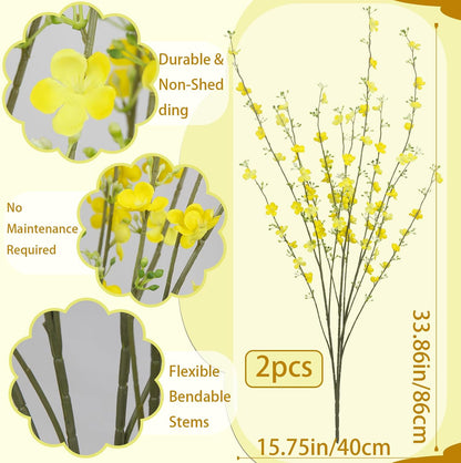 2 Pcs Yellow Flowers Silk Artificial Forsythia Branches Wildflower Stems