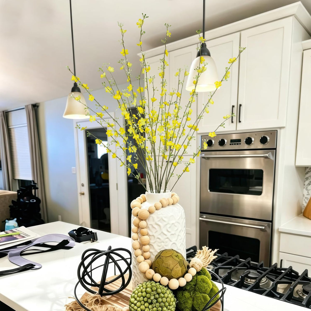 2 Pcs Yellow Flowers Silk Artificial Forsythia Branches Wildflower Stems