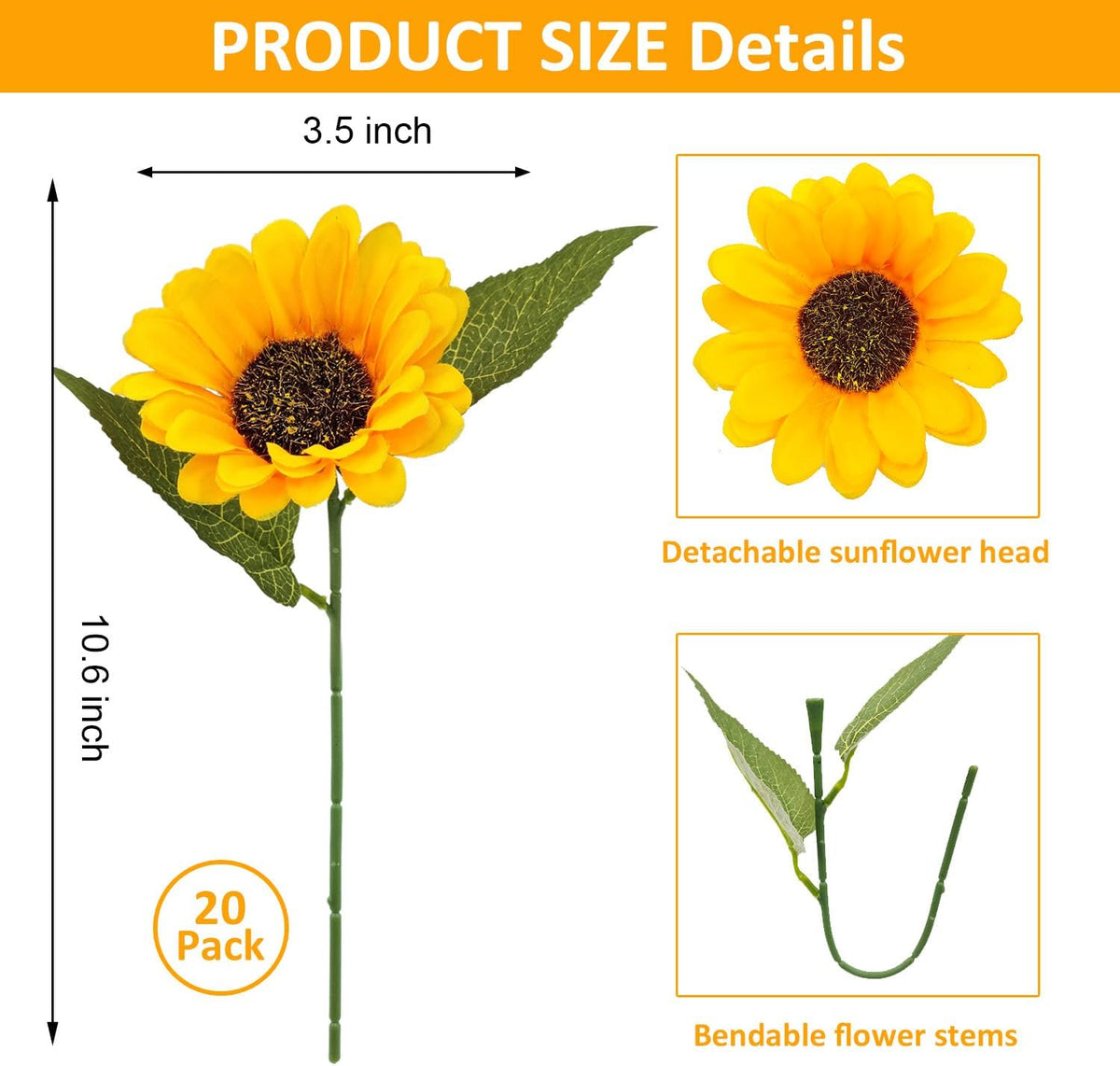 20 PCS Fake Silk Sunflowers Artificial Flower with Stems for Home Wedding Party Centerpieces Decoration Bridal Bouquets Tables Floral Arrangements Wreath DIY Art Crafts Decor