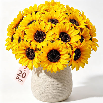 20 PCS Fake Silk Sunflowers Artificial Flower with Stems for Home Wedding Party Centerpieces Decoration Bridal Bouquets Tables Floral Arrangements Wreath DIY Art Crafts Decor