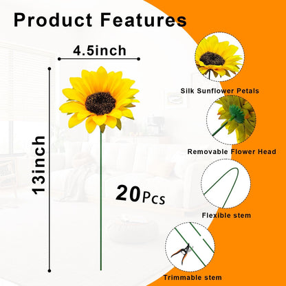 20 PCS Fake Silk Sunflowers Artificial Flower with Stems for Home Wedding Party Centerpieces Decoration Bridal Bouquets Tables Floral Arrangements Wreath DIY Art Crafts Decor