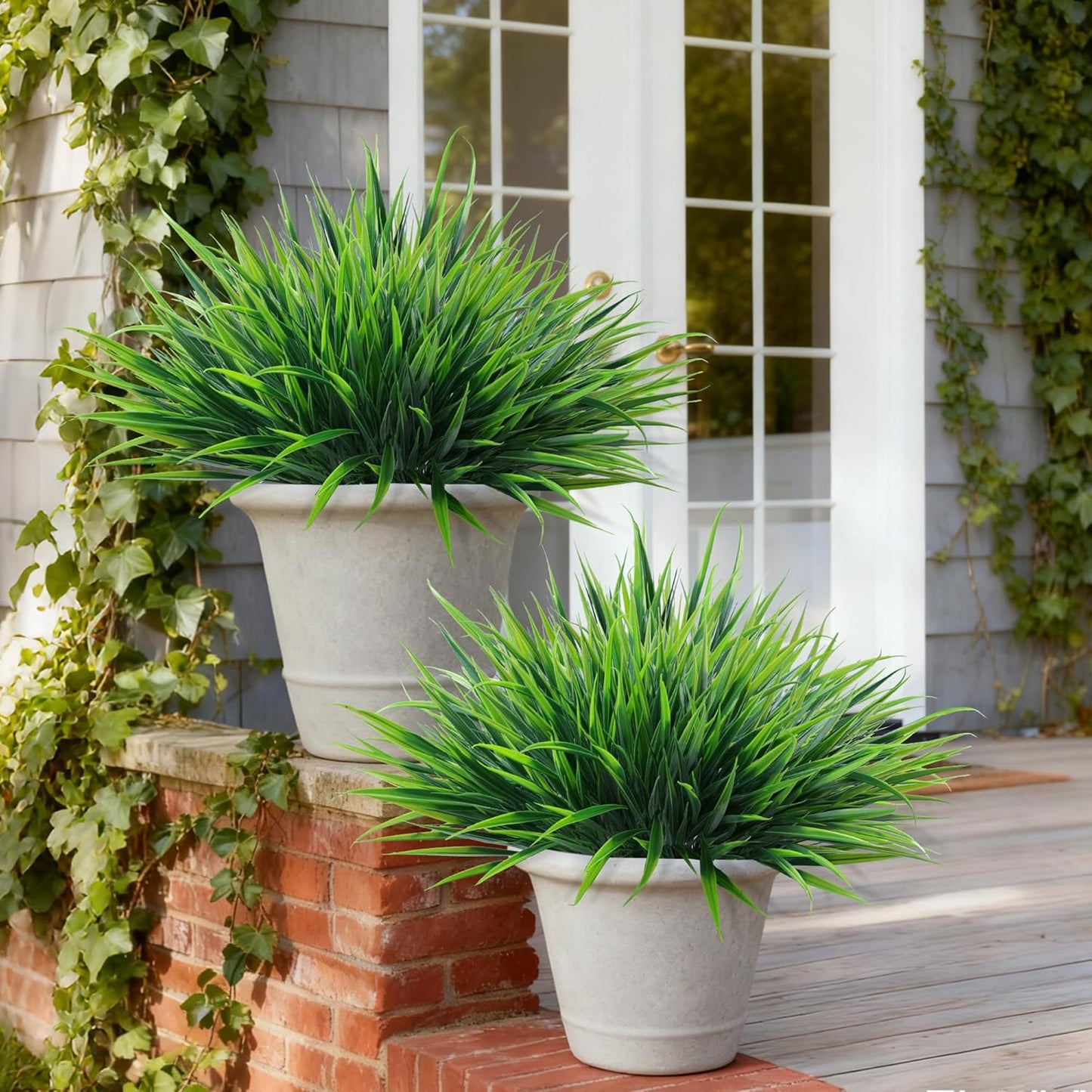 12Pcs Fake Plants Outdoor Artificial Plastic Grass Spring Decoration UV Resistant Faux Greenery Stems Bushes Outside Fake Plants for Planters Patio Porch Window Box Pathway Garden Home Decor