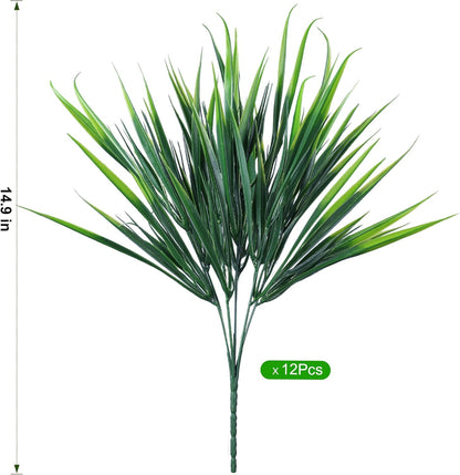 12Pcs Fake Plants Outdoor Artificial Plastic Grass Spring Decoration UV Resistant Faux Greenery Stems Bushes Outside Fake Plants for Planters Patio Porch Window Box Pathway Garden Home Decor