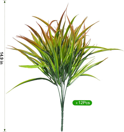 12Pcs Fake Plants Outdoor Artificial Plastic Grass Spring Decoration UV Resistant Faux Greenery Stems Bushes Outside Fake Plants for Planters Patio Porch Window Box Pathway Garden Home Decor