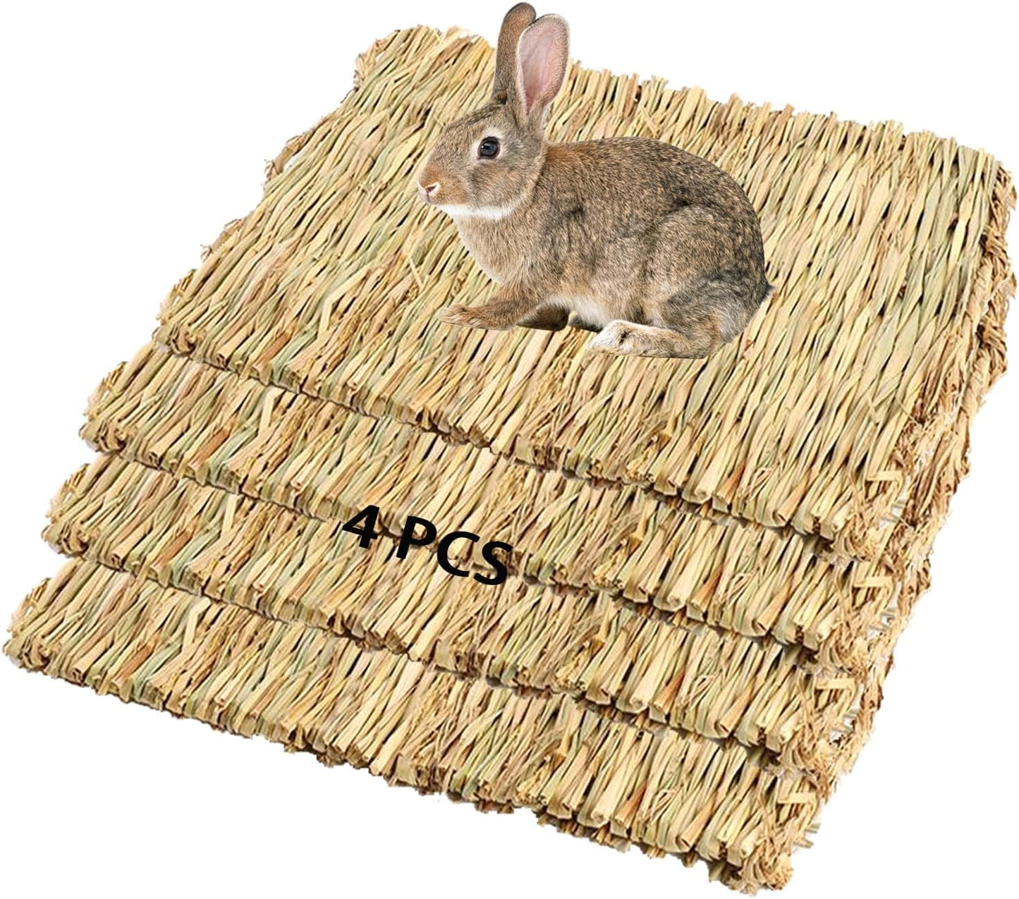 Straw Mats for Rabbits,11.0"x8.3" Natural Bunny Grass Mat,Handwoven Rabbit Hay Mat Small Animal Bedding Chewable & Cooling Mat - Eco-Friendly Cage Liner Nesting Toy(4 PCS)