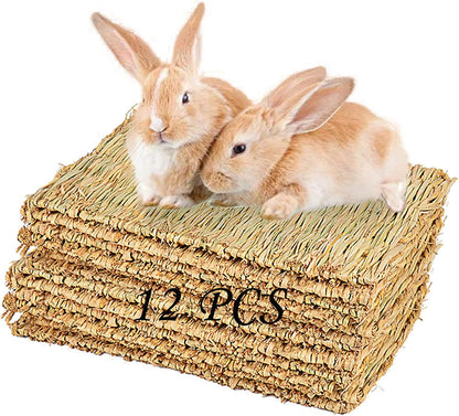 Straw Mats for Rabbits,11.0"x8.3" Natural Bunny Grass Mat,Handwoven Rabbit Hay Mat Small Animal Bedding Chewable & Cooling Mat - Eco-Friendly Cage Liner Nesting Toy(4 PCS)