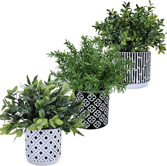 3-Pack Artificial Potted Plants - Faux Eucalyptus, Rosemary, Boxwood Greenery in Small Black & White Geometric Concrete Pots -Desk, Table, Shelf, Windowsill Decor for Indoor Outdoor Home Office