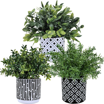 3-Pack Artificial Potted Plants - Faux Eucalyptus, Rosemary, Boxwood Greenery in Small Black & White Geometric Concrete Pots -Desk, Table, Shelf, Windowsill Decor for Indoor Outdoor Home Office