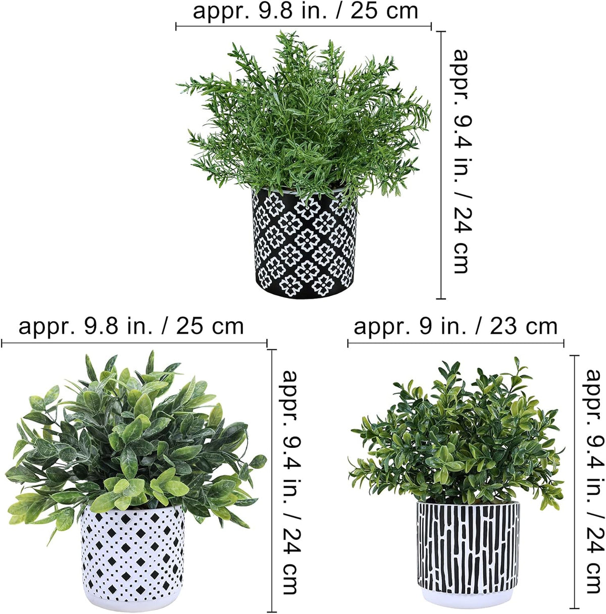 3-Pack Artificial Potted Plants - Faux Eucalyptus, Rosemary, Boxwood Greenery in Small Black & White Geometric Concrete Pots -Desk, Table, Shelf, Windowsill Decor for Indoor Outdoor Home Office