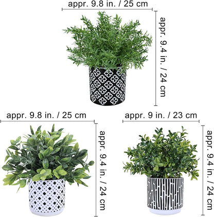 3-Pack Artificial Potted Plants - Faux Eucalyptus, Rosemary, Boxwood Greenery in Small Black & White Geometric Concrete Pots -Desk, Table, Shelf, Windowsill Decor for Indoor Outdoor Home Office