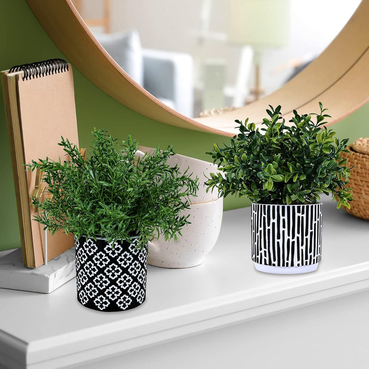 3-Pack Artificial Potted Plants - Faux Eucalyptus, Rosemary, Boxwood Greenery in Small Black & White Geometric Concrete Pots -Desk, Table, Shelf, Windowsill Decor for Indoor Outdoor Home Office