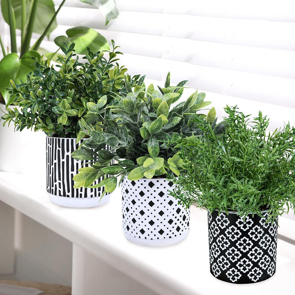 3-Pack Artificial Potted Plants - Faux Eucalyptus, Rosemary, Boxwood Greenery in Small Black & White Geometric Concrete Pots -Desk, Table, Shelf, Windowsill Decor for Indoor Outdoor Home Office