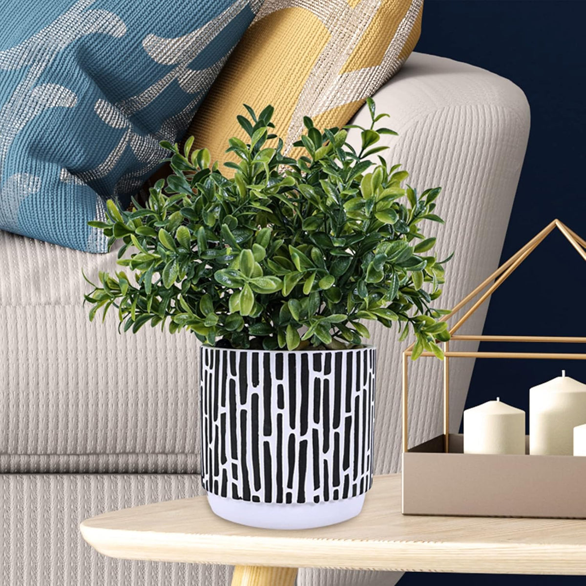 3-Pack Artificial Potted Plants - Faux Eucalyptus, Rosemary, Boxwood Greenery in Small Black & White Geometric Concrete Pots -Desk, Table, Shelf, Windowsill Decor for Indoor Outdoor Home Office