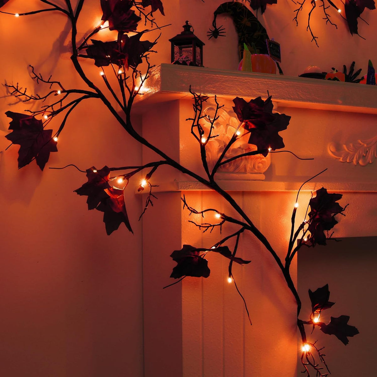 9 FT 72 LED Halloween Willow Vine Twig Decorations With Orange Lights - 8 Modes & Timer - Battery Operated Garland for Indoor Mantle Fireplace Home Decor