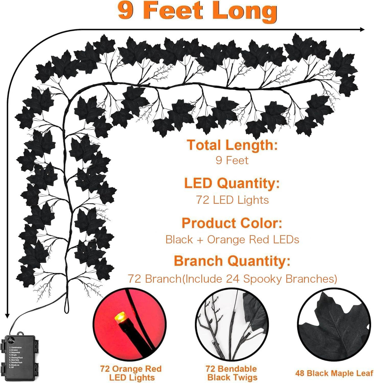 9 FT 72 LED Halloween Willow Vine Twig Decorations With Orange Lights - 8 Modes & Timer - Battery Operated Garland for Indoor Mantle Fireplace Home Decor