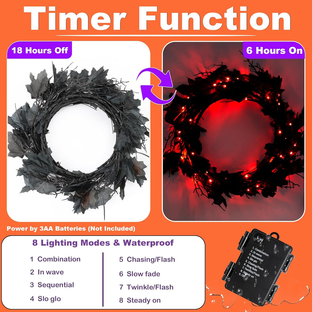 9 FT 72 LED Halloween Willow Vine Twig Decorations With Orange Lights - 8 Modes & Timer - Battery Operated Garland for Indoor Mantle Fireplace Home Decor