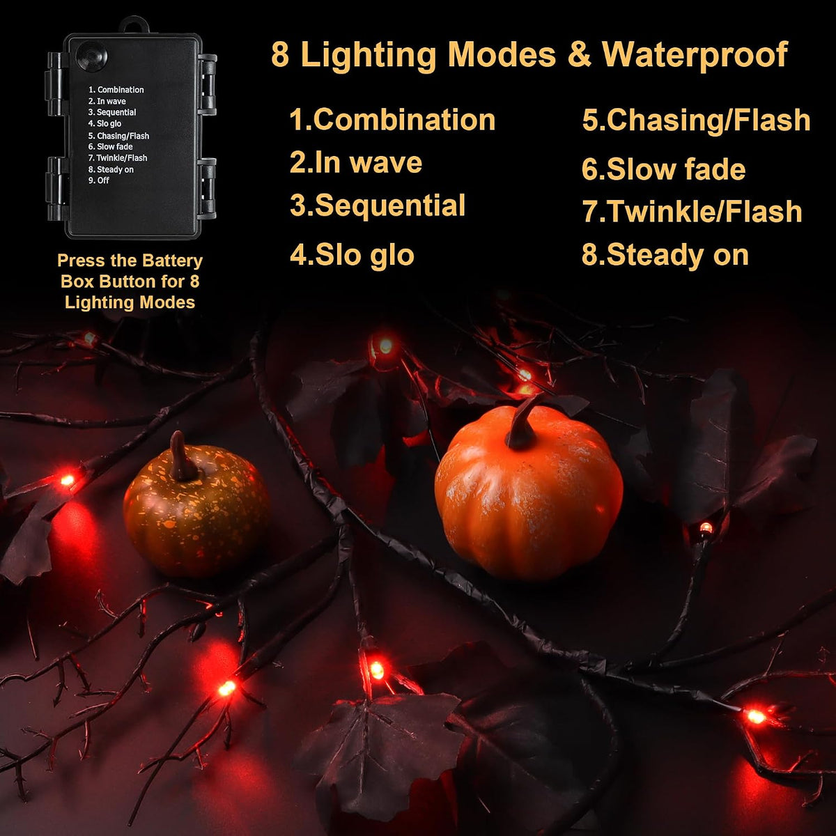 9 FT 72 LED Halloween Willow Vine Twig Decorations With Orange Lights - 8 Modes & Timer - Battery Operated Garland for Indoor Mantle Fireplace Home Decor